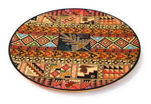 Decorative Wood Plate. Handpainted Multicolor, Geometric Figures, Nazca Lines Diameter: 9.51"