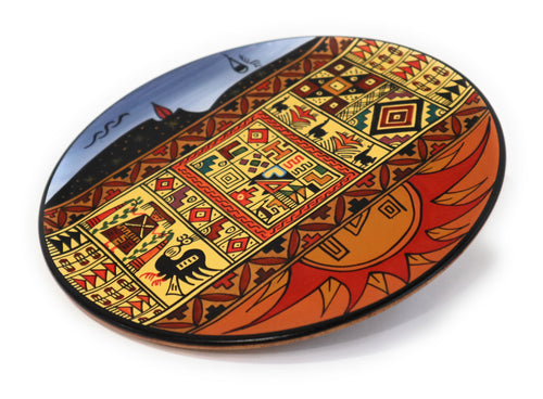 Decorative Wood Plate. Handpainted Multicolor, Inca Design. Moon, Sun & Stars. Diam.: 7.90