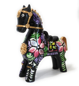 Ceramic Horse of Pucara or Caballo de Pucara Floral Embellished Black Color 7.5" Inch