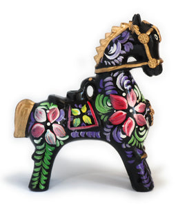 Ceramic Horse of Pucara or Caballo de Pucara Floral Embellished Black Color 7.5" Inch