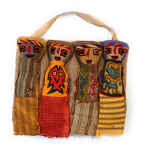 Load image into Gallery viewer, Funerary Dolls, Fertility Amulet Wall Hanging. Four Dolls Wrapped on Handwoven Traditional Peruvian Textile. 8&quot; W x 6&quot; H.