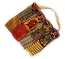 Load image into Gallery viewer, Funerary Dolls, Fertility Amulet Wall Hanging. Four Dolls Wrapped on Handwoven Traditional Peruvian Textile. 8&quot; W x 6&quot; H.