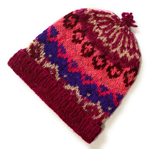 Hand-Knotted Chullo Hat Multicolor Alpaca Wool Blend. Inca Design. Rustic Bennie Unisex. Thick Wool Weave.