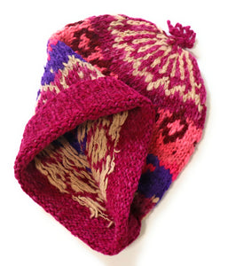 Hand-Knotted Chullo Hat Multicolor Alpaca Wool Blend. Inca Design. Rustic Bennie Unisex. Thick Wool Weave.