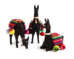 Llamas Scene. Hand Carved Wood Figurines with Peruvian Textiles 6" Tall