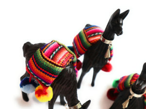 Llamas Scene. Hand Carved Wood Figurines with Peruvian Textiles 6" Tall