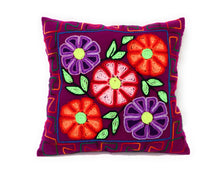 Load image into Gallery viewer, Embroidered Cushion, Pillow Cover with Dahlias Flowers. 16.75&quot; L x 16.25&quot; W Purple.