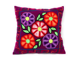 Embroidered Cushion, Pillow Cover with Dahlias Flowers. 16.75" L x 16.25" W Purple.