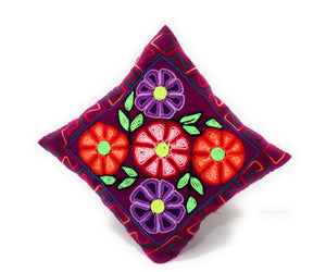 Embroidered Cushion, Pillow Cover with Dahlias Flowers. 16.75" L x 16.25" W Purple.