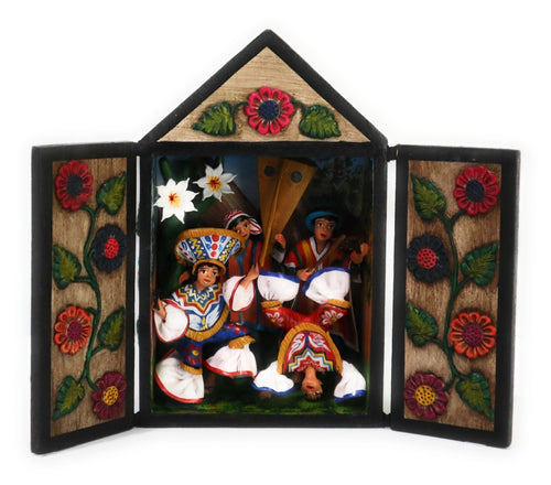 Diorama Retablo Wood Box. Andean Scissors Dance or Danza de las Tijeras Scene. Peruvian Folk Art 7.5
