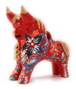 Little Pucara Bull, Torito de Pucara Red 8" Tall Floral Embellished. Hand Painted.