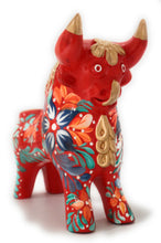 Load image into Gallery viewer, Little Pucara Bull, Torito de Pucara Red 8&quot; Tall Floral Embellished. Hand Painted.