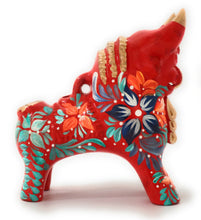 Load image into Gallery viewer, Little Pucara Bull, Torito de Pucara Red 8&quot; Tall Floral Embellished. Hand Painted.