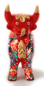 Little Pucara Bull, Torito de Pucara Red 8" Tall Floral Embellished. Hand Painted.