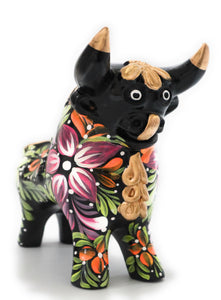 Little Black Pucara Bull, Torito de Pucara 8" Tall, Floral Embellished. Hand Painted.