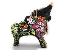 Load image into Gallery viewer, Little Black Pucara Bull, Torito de Pucara 8&quot; Tall, Floral Embellished. Hand Painted.