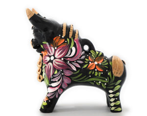 Little Black Pucara Bull, Torito de Pucara 8" Tall, Floral Embellished. Hand Painted.