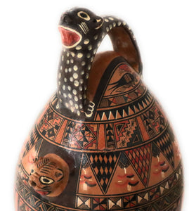 Salamanca Large Jar Pitcher Hand Painted Andean Mountain Cat Handle. 15" Tall