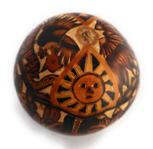 Load image into Gallery viewer, Gourd Art. Hand Carved Gourd. Decorated Gourd Country Life Style &amp; Inca Trilogy. Diameter: 4 Inch.