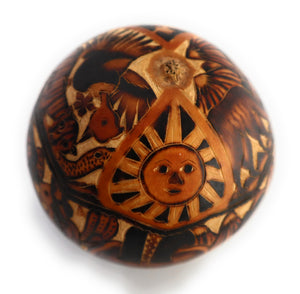 Gourd Art. Hand Carved Gourd. Decorated Gourd Country Life Style & Inca Trilogy. Diameter: 4 Inch.