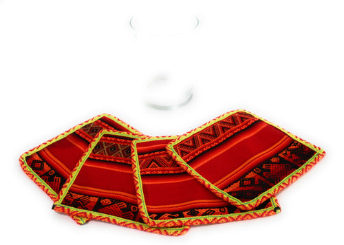 Andean Textile Fabric Coasters Red, Orange Color. Inca Design. Set of 4