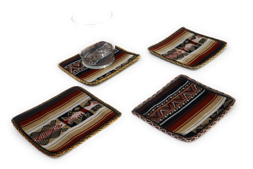 Andean Textile Fabric Coasters Brown, Ivory Color. Inca Design. Set of 4