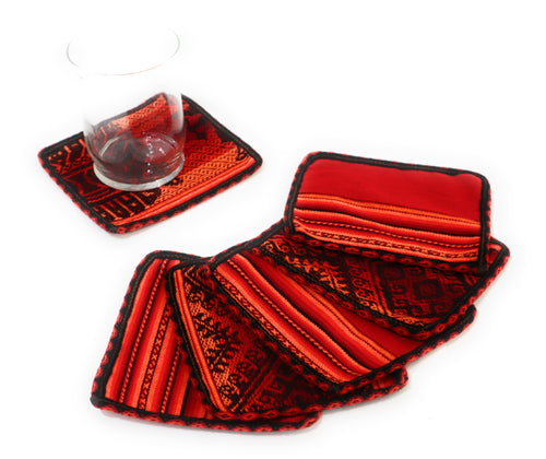 Andean Textile Fabric Coasters Red, Orange Color. Inca Design. Set of 6