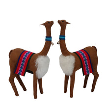 Load image into Gallery viewer, Decorative Vicuñas Vicunas Figurines. Plush Stuffed Animal Soft Suede Camel Color (C) Peruvian Folk Art. 12.75&quot; Tall Set of 2