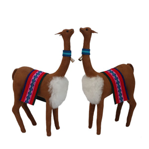 Decorative Vicuñas Vicunas Figurines. Plush Stuffed Animal Soft Suede Camel Color (C) Peruvian Folk Art. 12.75" Tall Set of 2