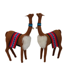 Load image into Gallery viewer, Decorative Vicuñas Vicunas Figurines. Plush Stuffed Animal Soft Suede Camel Color (C) Peruvian Folk Art. 12.75&quot; Tall Set of 2