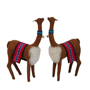 Decorative Vicuñas Vicunas Figurines. Plush Stuffed Animal Soft Suede Camel Color (C) Peruvian Folk Art. 12.75" Tall Set of 2