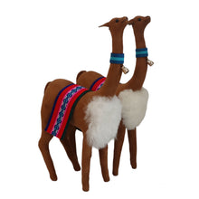 Load image into Gallery viewer, Decorative Vicuñas Vicunas Figurines. Plush Stuffed Animal Soft Suede Camel Color (C) Peruvian Folk Art. 12.75&quot; Tall Set of 2