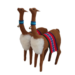 Decorative Vicuñas Vicunas Figurines. Plush Stuffed Animal Soft Suede Camel Color (C) Peruvian Folk Art. 12.75" Tall Set of 2