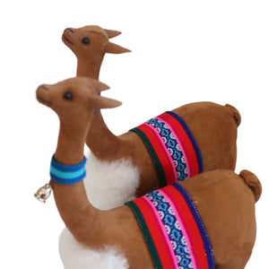 Decorative Vicuñas Vicunas Figurines. Plush Stuffed Animal Soft Suede Camel Color (C) Peruvian Folk Art. 12.75" Tall Set of 2