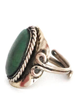 Load image into Gallery viewer, Oval Shape Alpaca Silver Natural Stone Teal Chrysocolla Adjustable Ring Rope Edge fits sizes 5 to 13
