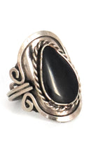 Load image into Gallery viewer, Drop Shape Alpaca Silver Natural Stone Black Onyx Adjustable Ring Rope Edge fits sizes 5 to 13