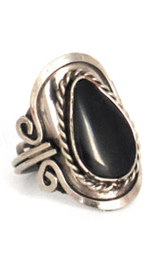 Drop Shape Alpaca Silver Natural Stone Black Onyx Adjustable Ring Rope Edge fits sizes 5 to 13