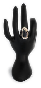 Drop Shape Alpaca Silver Natural Stone Black Onyx Adjustable Ring Rope Edge fits sizes 5 to 13