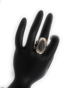 Drop Shape Alpaca Silver Natural Stone Black Onyx Adjustable Ring Rope Edge fits sizes 5 to 13